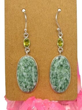 Dioptase & Peridot Earrings Solid 925 Sterling Silver Dangle Drop Green Stone